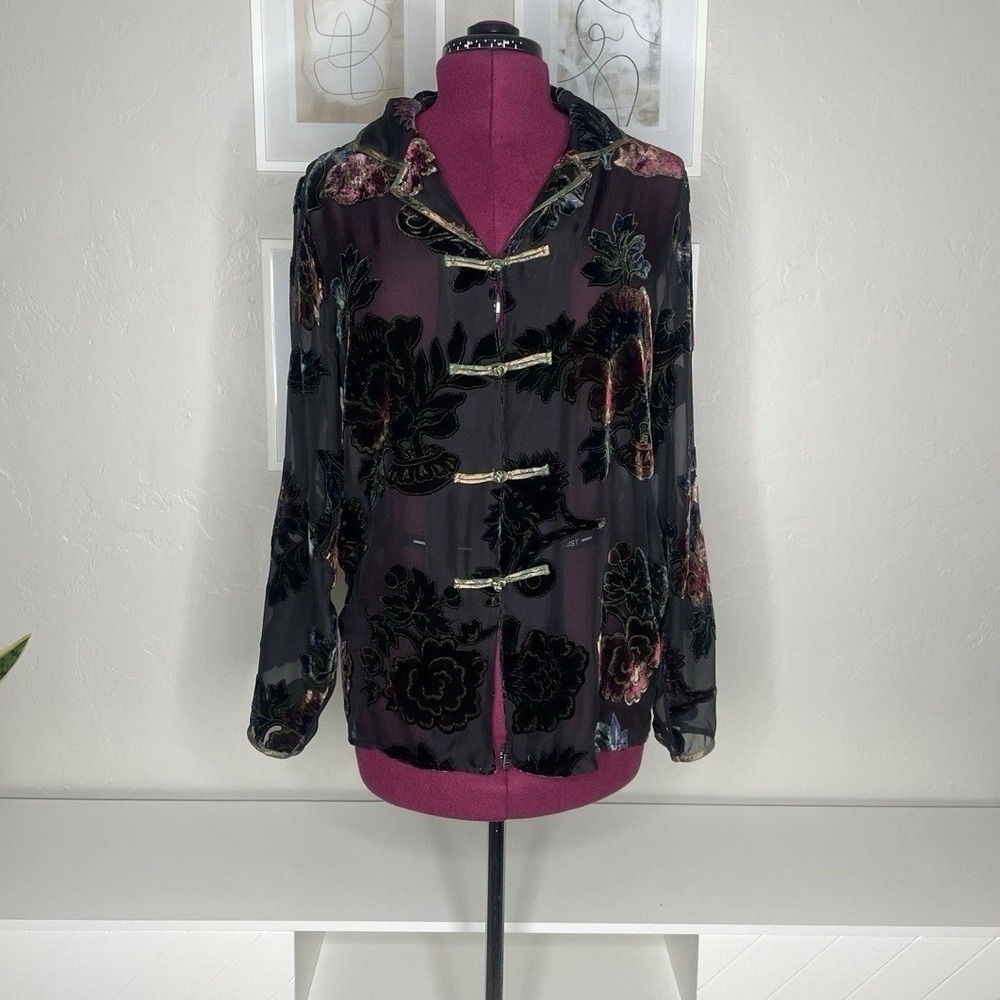 Citron‎ Santa Monica Blouse Women Medium Black Silk Blend Velvet Burnout Floral